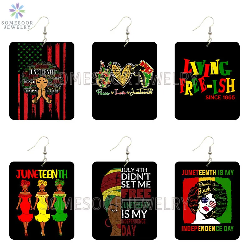 

SOMESOOR Living Free-ish Black Independence Day Wooden Drop Earrings Juneteenth Since 1865 Printed Dangle Jewelry For Women Gift