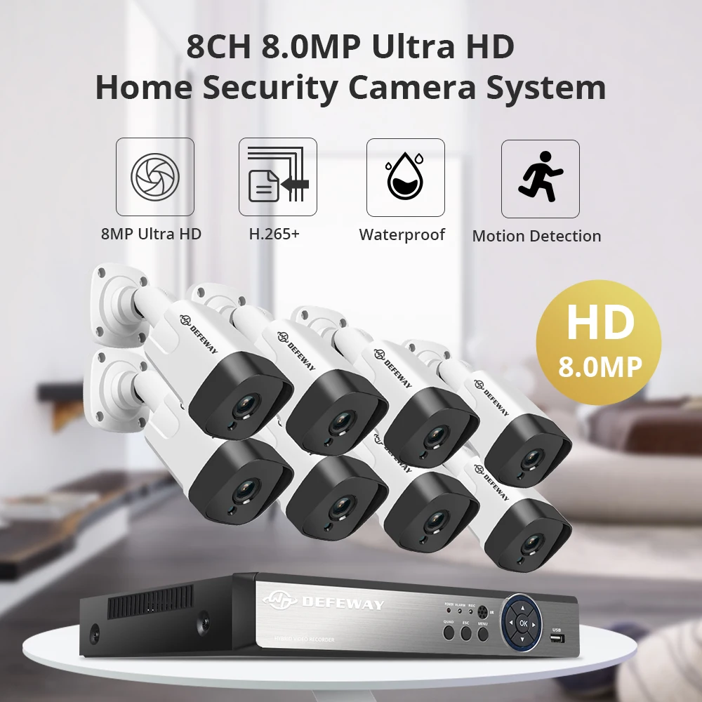 DEFEWAY 8CH сверхвысокой четкости 4K Ultra HD камеры безопасности Камера Системы 8MP H.265+ DVR с 4/8 шт. 8MP Ночное видение всепогодный пуля Камера