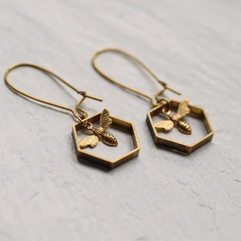 

New Geometric Hexagon Insect Bee Pendant Gold Plated Earrings for Women Earring Pendant Gift Fashion Jewelry
