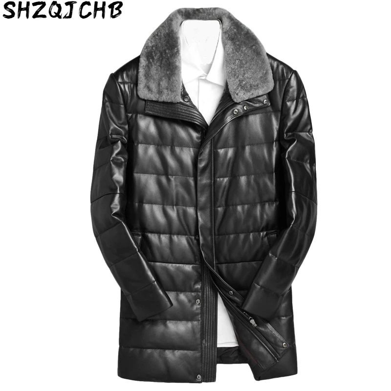 

JCHB 2021 Men's Down Jacket Winter Genuine Leather Jacket Men Sheepskin Leather Warm Down Coat Real Sheep Fur Collar Jackets 17S