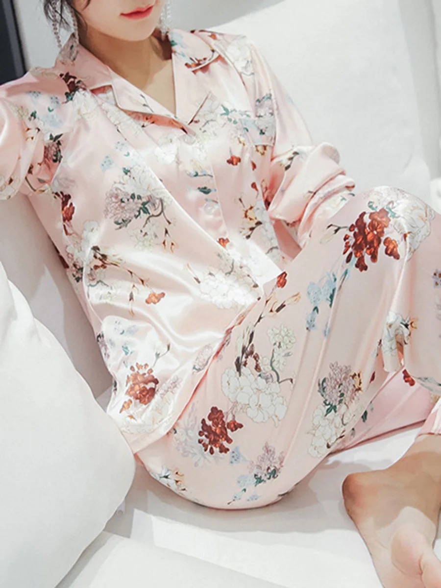 Шифоновая сатиновая Пижама с цветочным принтом женские осенние тонкие шелковые