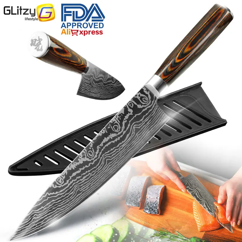 

Kitchen Chef Kinfe 8 Inch Japanese Cleaver Damascus Drawing 7CR17 Stainless Steel Meat Vegetable Slicer Santoku Hunting Huusk