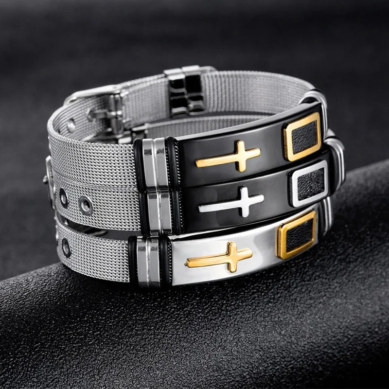 Gosun Titanium Steel Jewelry Cross Stainless Steel Net Mesh Belt Personality Bracelet Men's Bracelet Size Adjustable