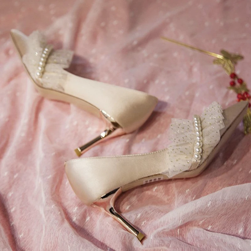 

HQFZO 2021 New Bride Sandals Wedding Party Lace Pumps Sexy High Heels Spring Summer Pointed Toe Pearl Chaussures Botas 5cm/7cm