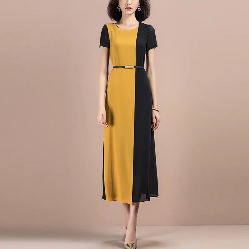 

Soft High Quality Fashion Chiffon Slim Black Yellow Patchwork Summer Women Dresses