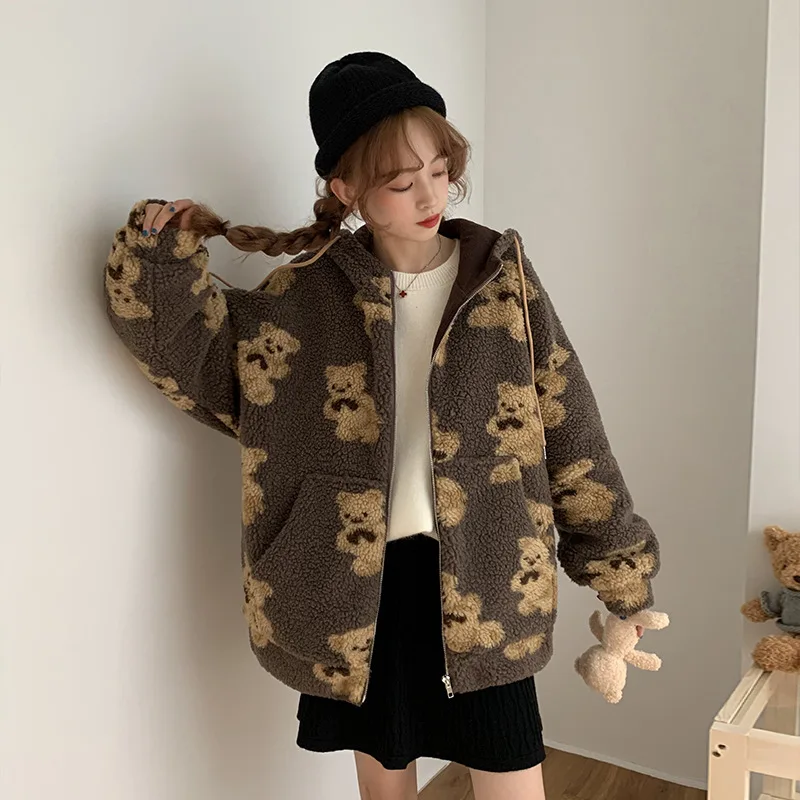 

Bear Print Hoodies Women Harajuku Loose Pocket Hooded Coat 2022 Autumn Winter Sweet Fleece Flannel Sweatshirt Female CX2149