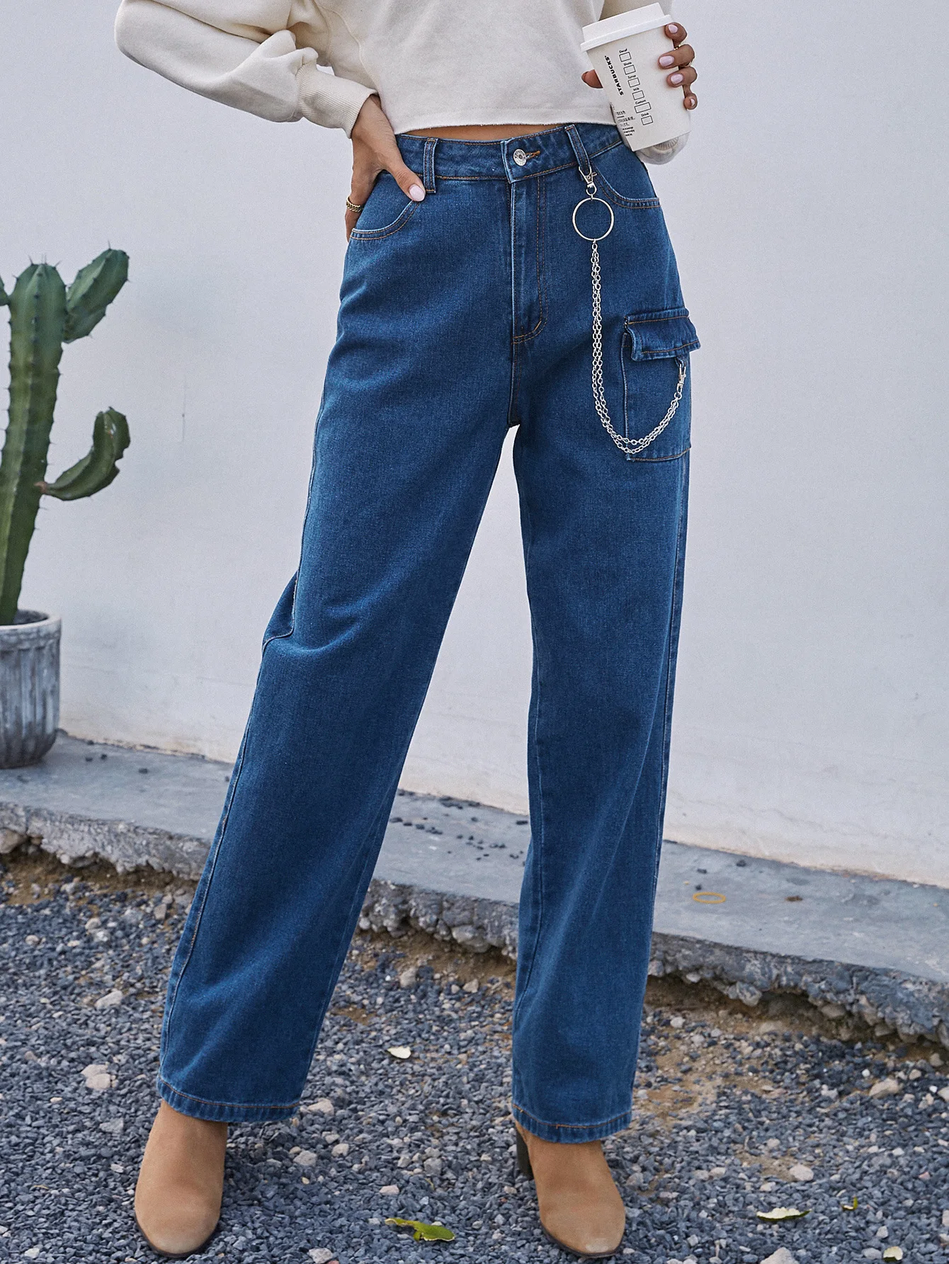

Trendy Solid Color Casual Daily Wild Straight Jeans Female High Waist Wide Leg Fitting Denim Pants with Pocket Removable Chain
