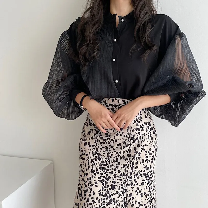 Alien Kitty-Blusa de malla a rayas para mujer, camisa de un solo pecho, Color sólido, suave, versátil, moda coreana, Otoño, 2020