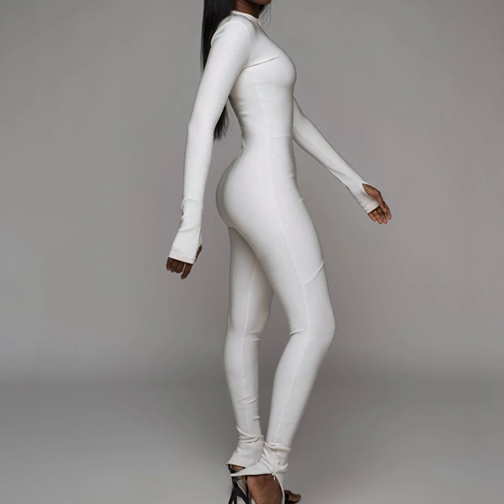 

White Rompers Womens Zipper Jumpsuit Long Sleeve Overalls Sexy Night Party Solid Playsuit Slim Fitness Rompers Streetwear