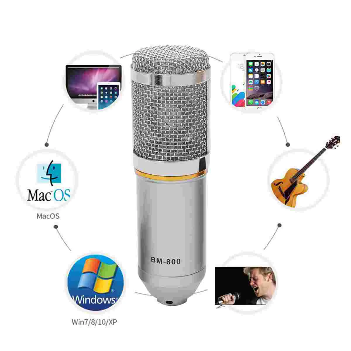 BM-800 Professional Studio Broadcasting Recording Condenser Microphone with Mount and Stand (Black Silver) | Электроника