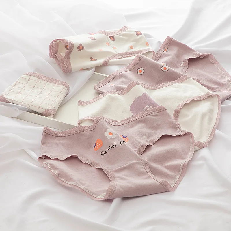 Женские хлопковые трусы в клетку фиолетовые трусики с цветочным принтом