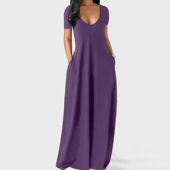 Hot Sale Women Casual Plus Size Multicolor Solid Color Maxi Dress Sexy V-Neck Short Sleeve With Pockets Holiday Long Dress 1