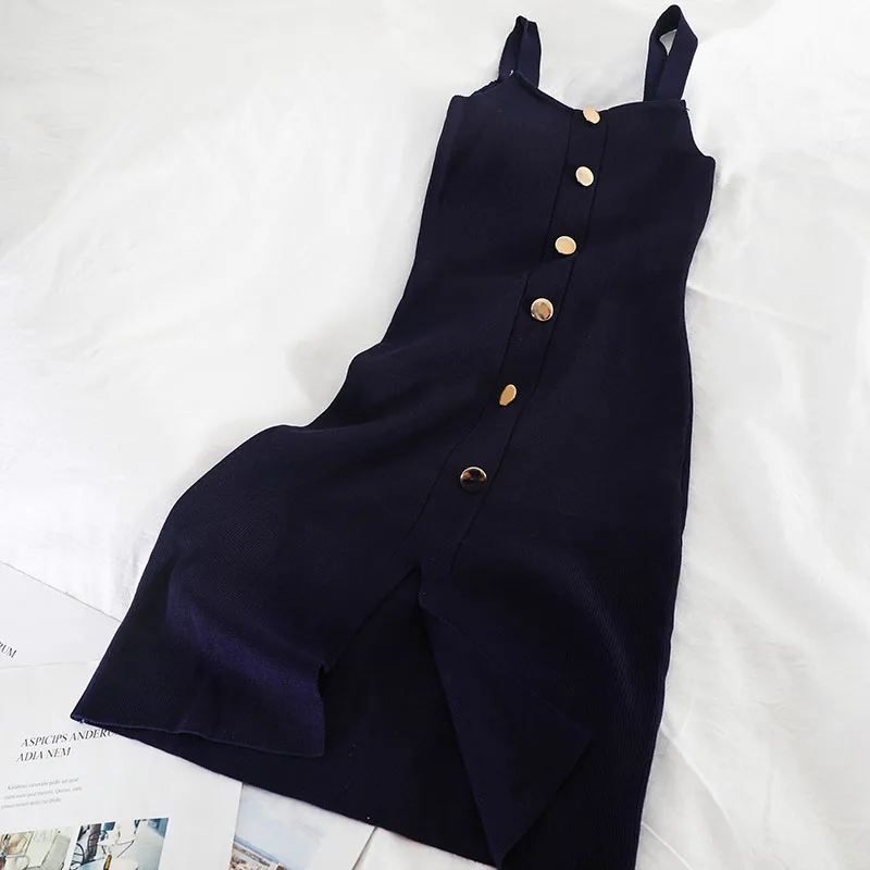 Gaganight Butt Elegant Short Knitted Bodycon Dress Women Spaghetti Strap Summer Dresses Slim Solid Chic Vestidos Korean Split | Женская