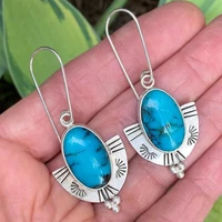 bohemian vintage shield blue stone earrings for women gift ethnic tibetan dangle earring oorbellen jewelry bijoux mujer