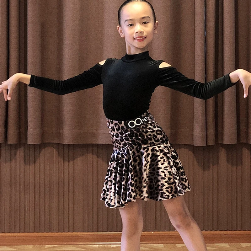 

Latin Dance Dress Suit Tops Skirts Long Sleeve Leopard Latin Performance Clothes For Kids Samba Practice Wear Girls Dress BL4857