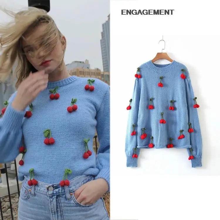 

ENGAGEMENT za 2021 female Hmade crocheted cherry embellished sweater women fall/winter loose mid-length knit sweater