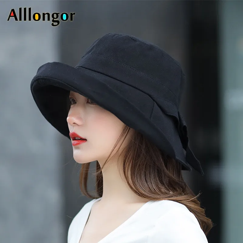 Panama 2021 Summer Black Bow Bucket Hat Women Fashion Korea Bob Cotton gorro pescador mujer Sun Fishing Cap Chapeu Pescador | Аксессуары
