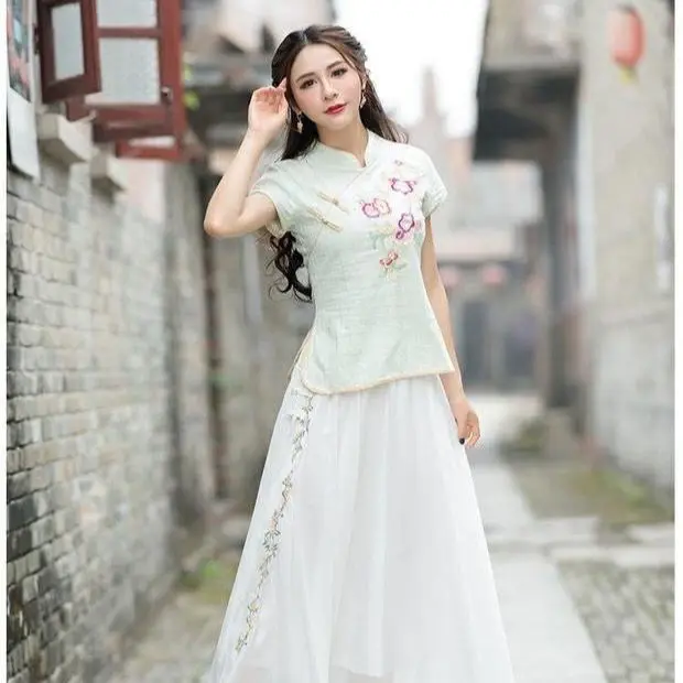 

2021 summer Hanfu FAIRY DRESS embroidered flower plate button chiffon skirt art RETRO skirt medium length