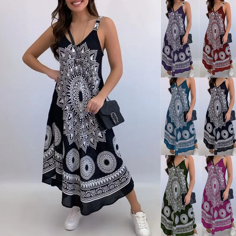 

2022 American Women Long Dresses New Style Ladies Vintage Totem Printed V-neck Spaghetti Strap Maxi Dress Spring Summer LYQ112