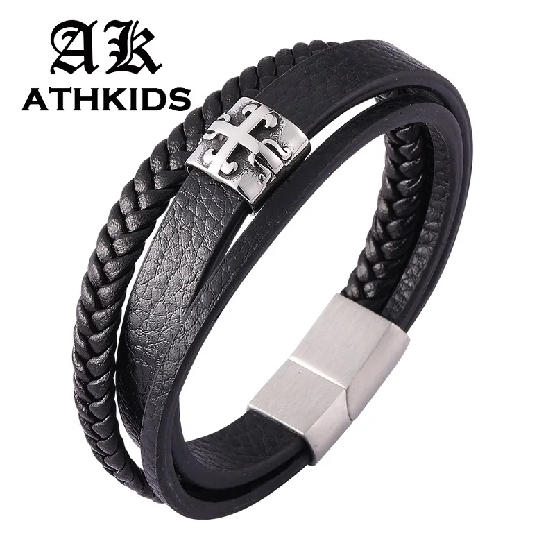

Stainless Steel Cross Accessories Black Leather Multi-Layer Bracelets Unique Design Unisex Magnetic Buckle Wrist Band Gifts 0448