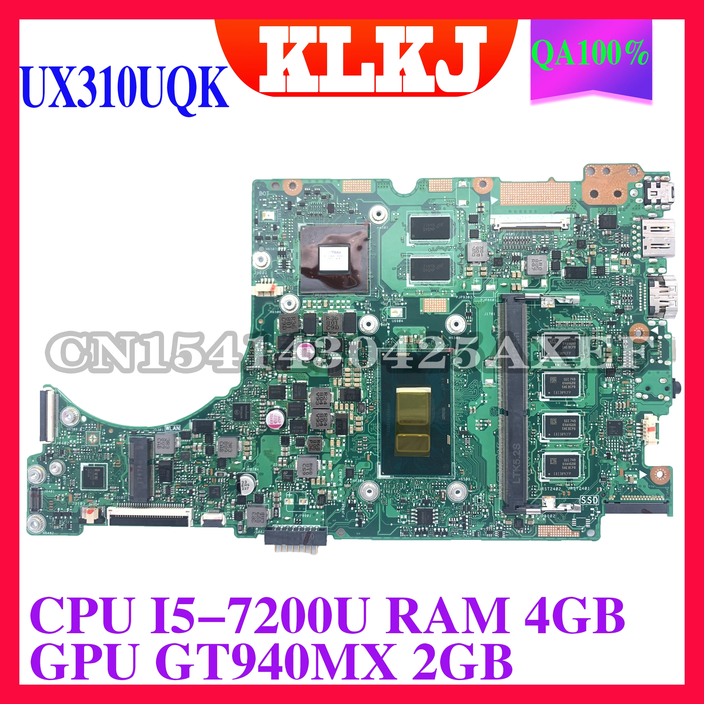 

KLKJ UX310UQK Laptop motherboard for ASUS ZenBook UX310UV UX310UQ UX310U original mainboard 4GB-RAM I5-7200U GT940MX-2GB