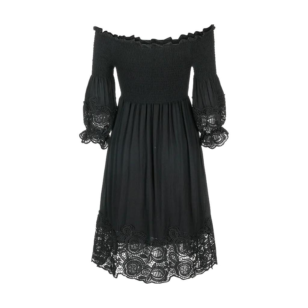 

Slash Neck Dress Womens Ruffles Black Lace Off Shoulder Dresses Solid Flare Sleeve Summer Casual Dress Slim Party Dress Vestidos