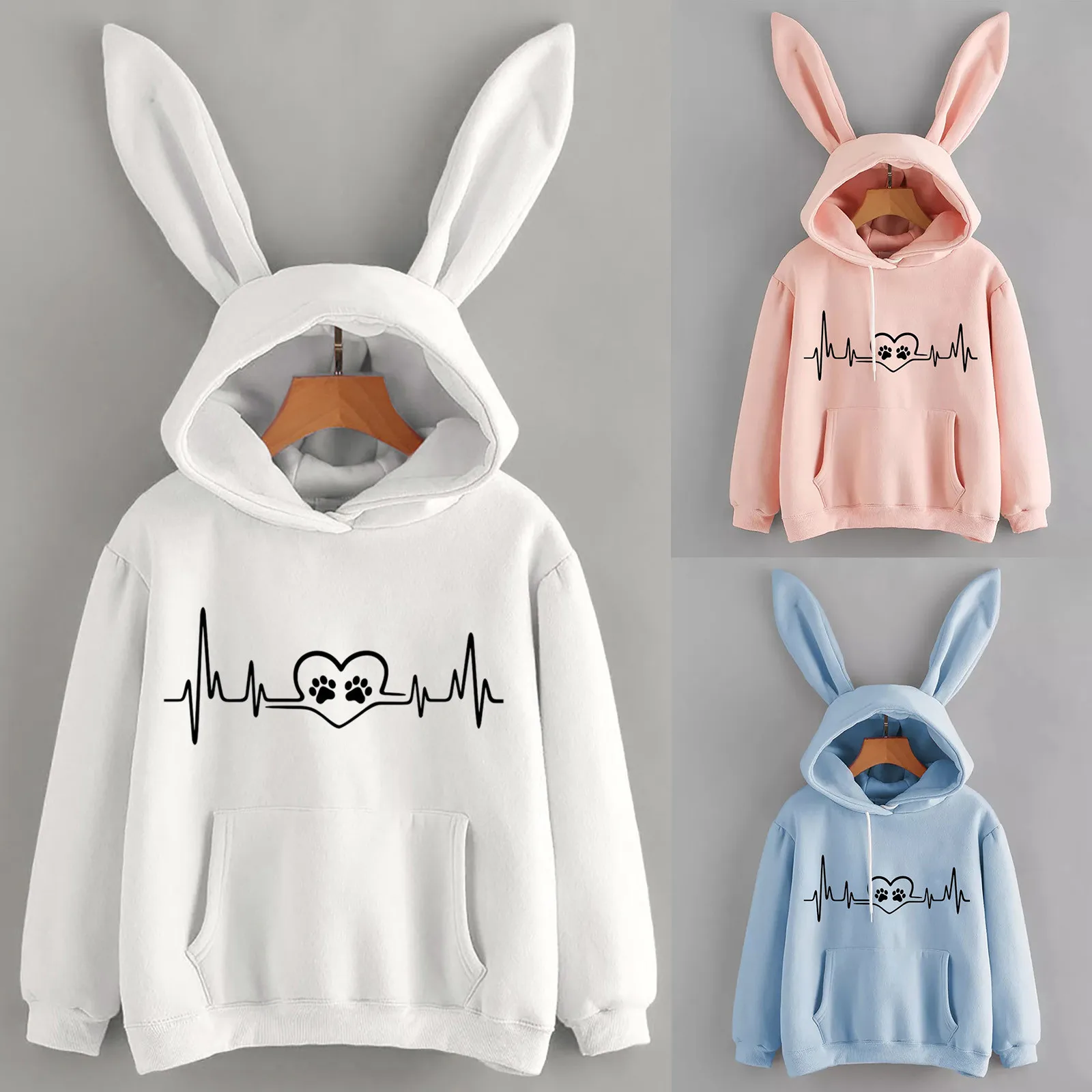 2021 Sweatshirt Womens Long Sleeve Rabbit Hoodie Cute Cat Print Sweatshirt Pullover Tops Blouse Girlfriend Valentine's Day #dz