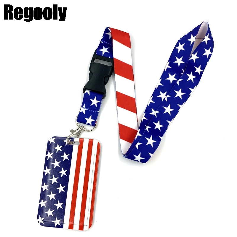 

America Flag Lanyard Credit Card ID Holder Bag Student Women Travel Card Cover Badge Car Keychain Decorations