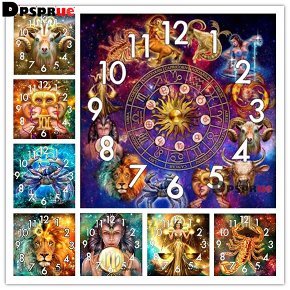 

Dpsprue With Clock Full Drill 5D Diy Square Round Diamond Painting Cross Stitch 12 Constellations Mosaic 3d Embroidery Gift A186