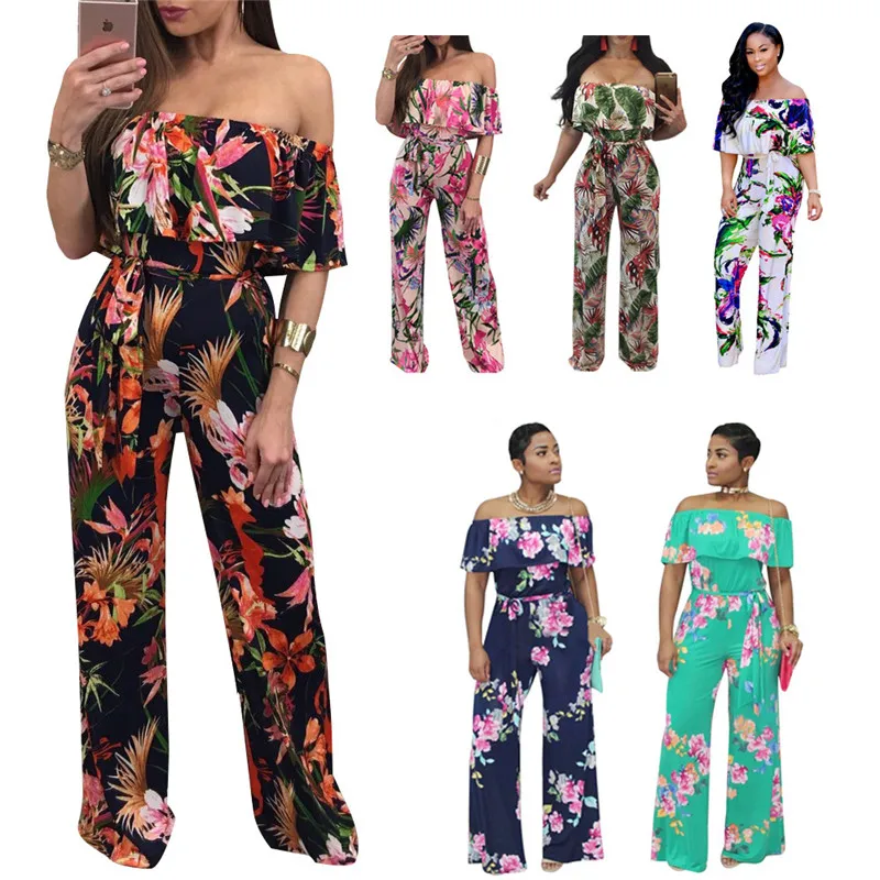 

Women Sexy Jumpsuit Floral Print Cascading Ruffle Slash Neck Lady Long Wide Legs Pants Chic Streetwear Rompers Vacation Overalls