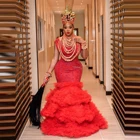 Роскошный красный размера плюс под традиционное платье Aso Ebi вечерние платья русалки бисером индивидуальный заказ с оборками; Оборки; Тюль; Длинное платье на выпускной Халат