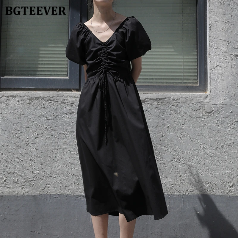 

BGTEEVER Stylish V-neck Puff Sleeve Women Mid-length Dress Elegant Drawstring Slim Waist Ladies A-line Vestidos 2021 Summer Dres
