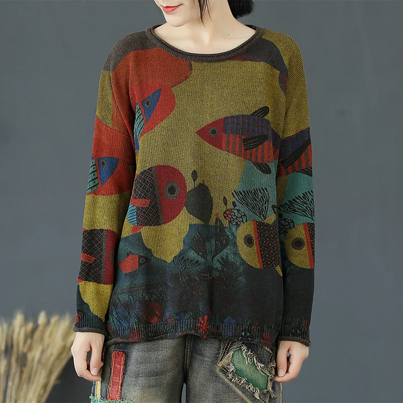 Autumn Sweater Women Retro Knitting Pullovers 2019 New Ladies Loose Tops O-Neck Long-sleeved Print Large size Casual | Женская одежда