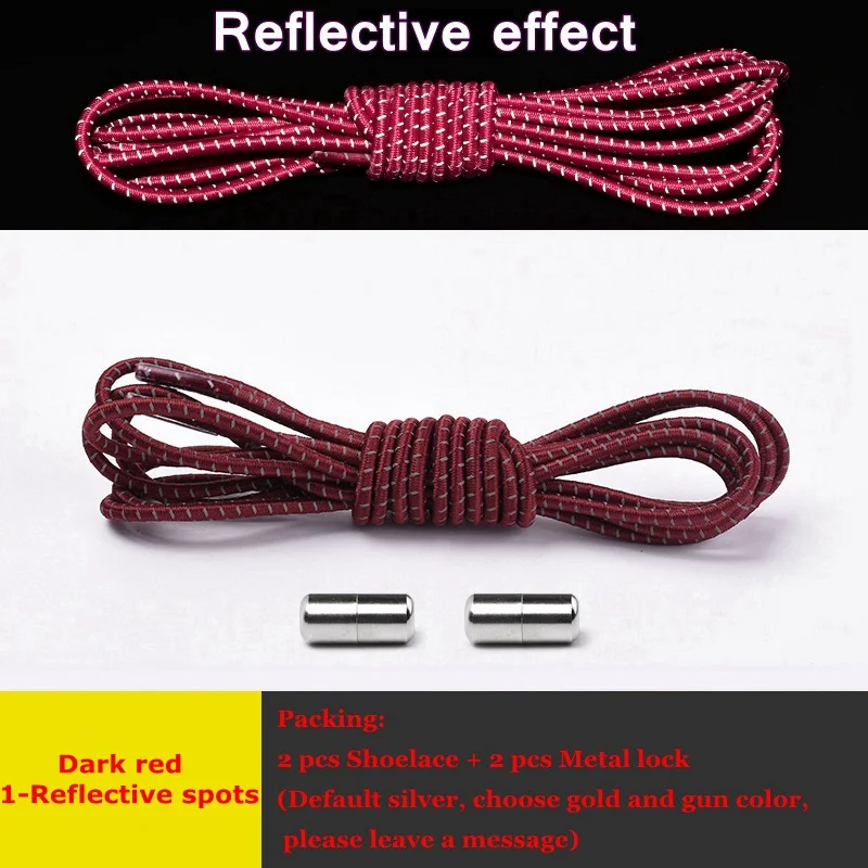 Dark red Светоотражающие эластичные шнурки с круглым металлическим замком, быстро не завязываются, вечерние шнурки для ночного бега, кроссовки для отдыха, ленивые шнурки, унисекс - Цвет: Dark red