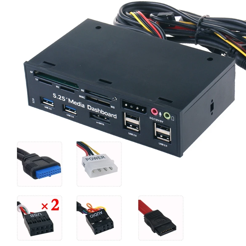 

Multifuntion 5.25inch Media Dashboard Card Reader USB 2.0 USB 3.0 20 Pin E-SATA SATA Front Panel