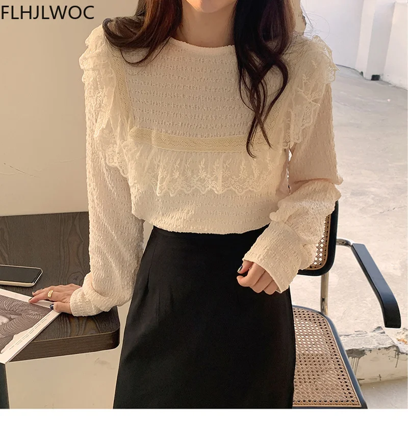 Hot Sales Fenimine Clothes Korea Women Elegant Office Lady Fashion Basic Wear Ruffled Lace Tops And Blouses