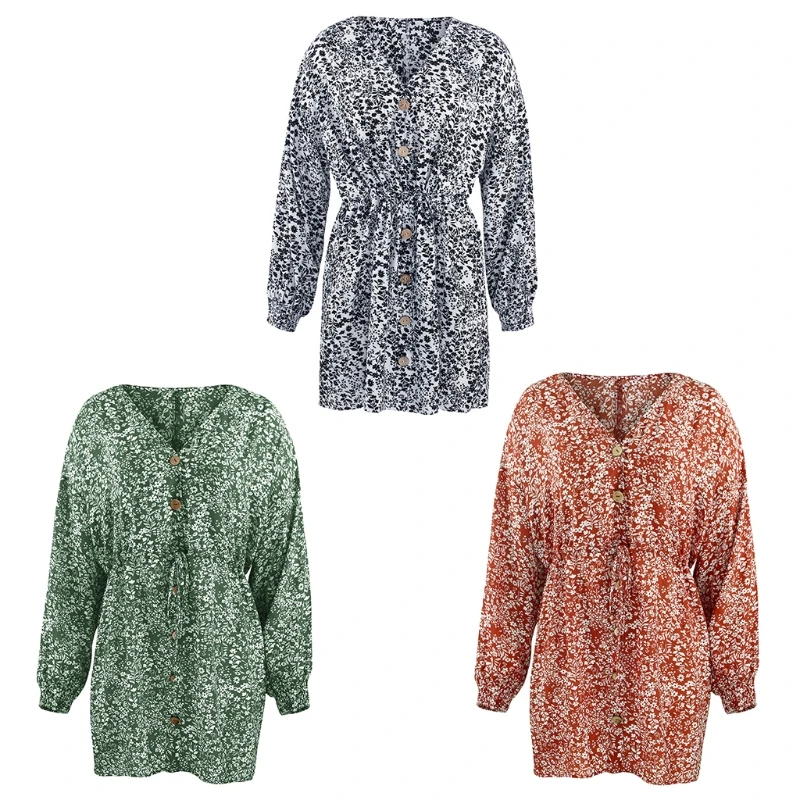 

Women Boho Long Sleeve Sexy V Neck Floral Print Dress Summer Beach Streetwear Bohemian Loose Mini Dresses