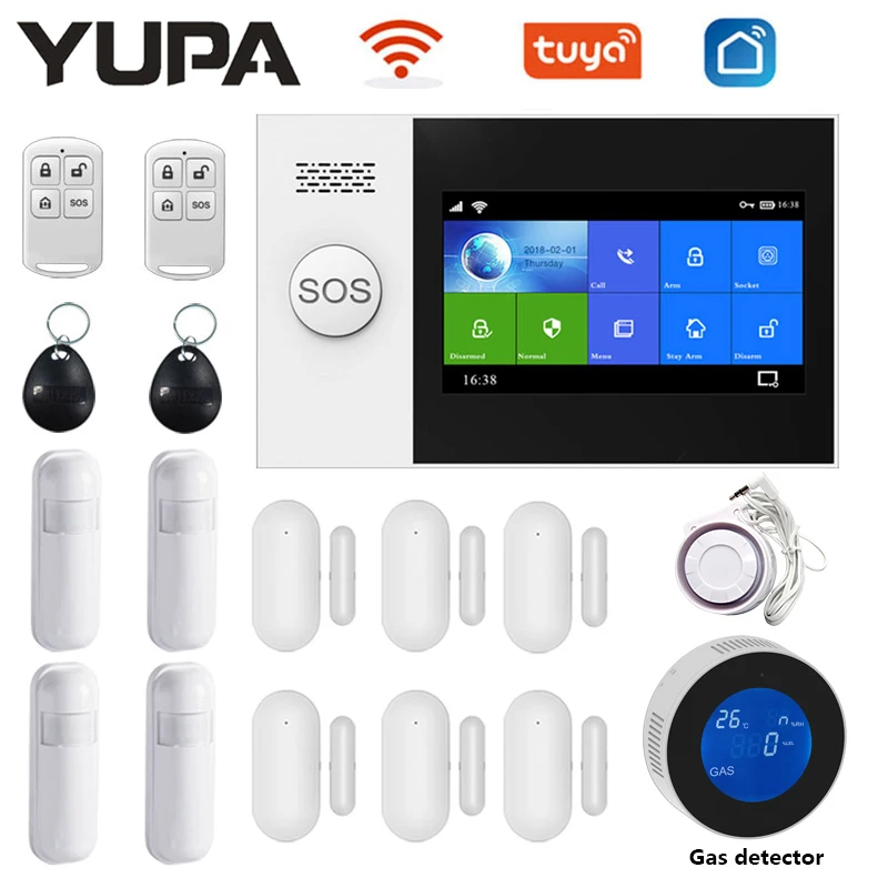 YUPA TUYA GSM WiFi Home Alarm Security System with Gas Detector Door Sensor SmartLife App Wired Alarm Kit Wireless 433MHz