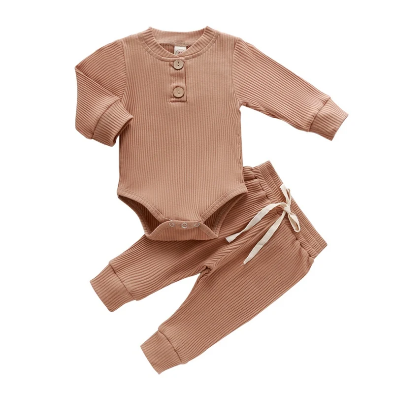 

2021 Autumn Winter New Baby Sets Boys Girls Solid Color Romper Long Sleeve Toddler Baby Casual Clothing Two-Piece Suit 0-24M