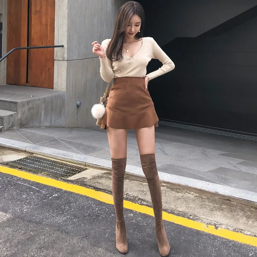 Осенние винтажные кожаные юбки зимняя замшевая юбка-карандаш юбка с завышенной