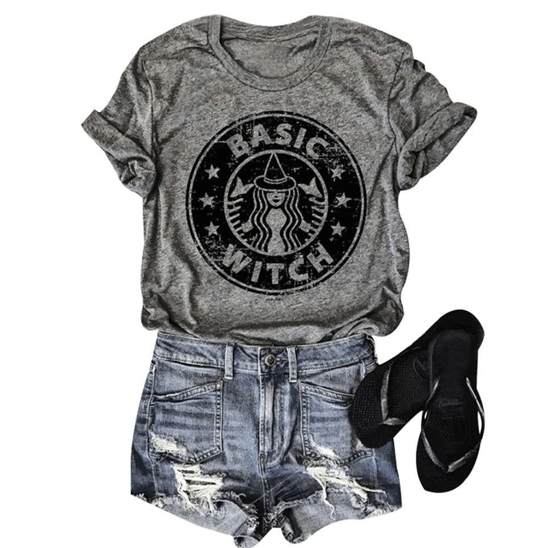 

Basic Witch Shirt O-Neck Women Tee Harajuku TShirt Women 2019 Short Plus Size Grey Casual Tee Letter Print