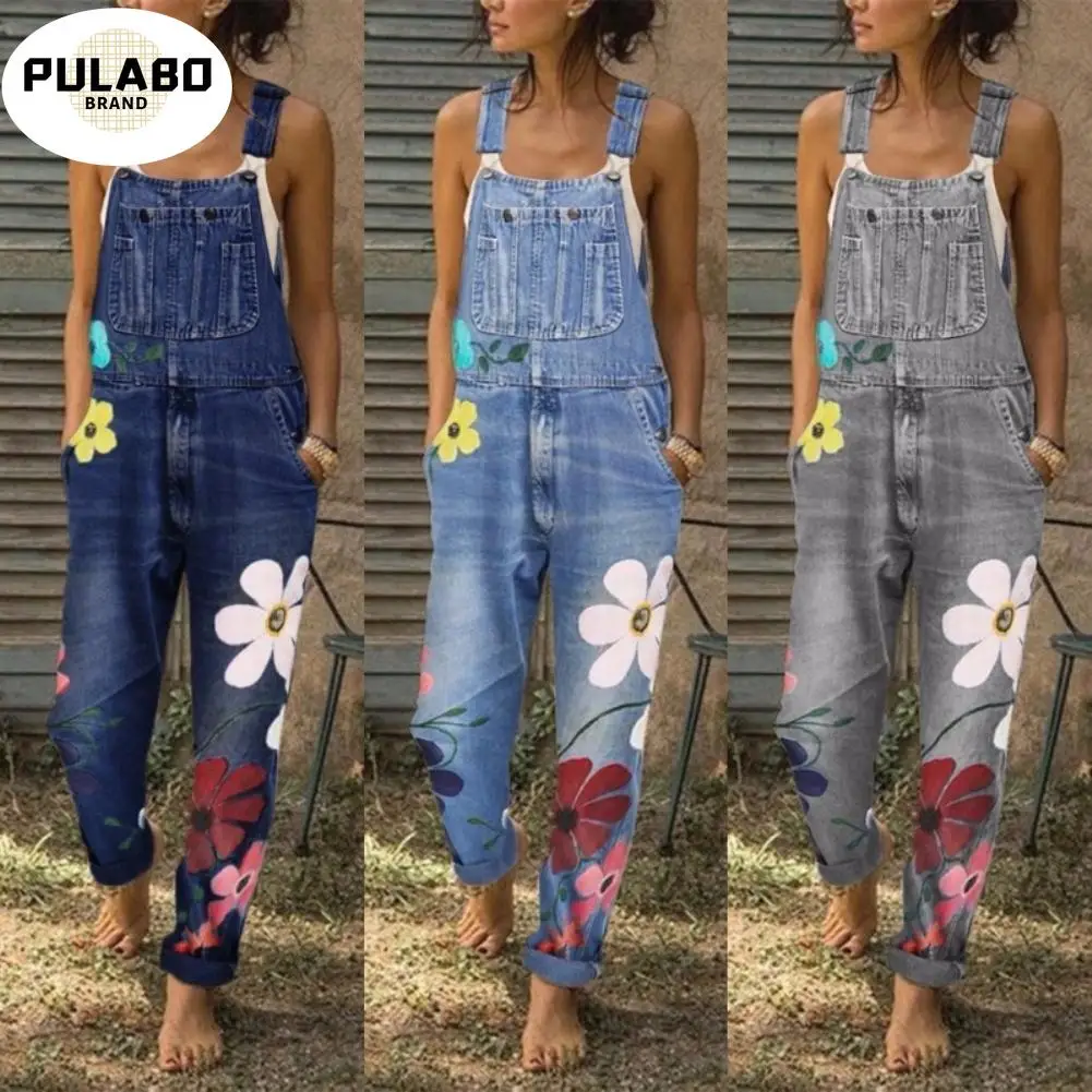 

S-5XL Overalls For Women Fashion Floral Print Pockets Washable Denim Overall Jumpsuit Suspender Trousers Pants Casual Overall