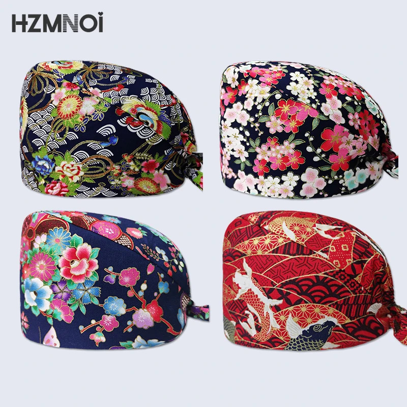 

2021 New Product Cartoon Printed Nurse Surgical Cap Pet Hospital Surgeon Cap Dentist Cap Beauty Salon Chef Dustproof Scrub Cap