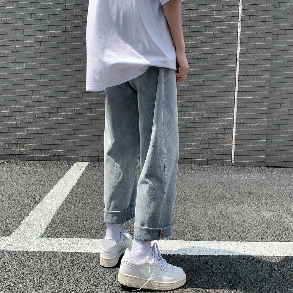 Wholesale Jeans Men Straight Loose Popular Korean Teenagers Student Ankle Length Pants Men Solid Denim Trousers