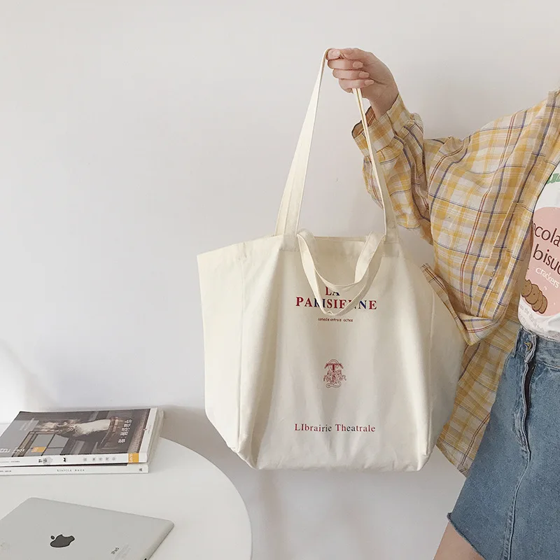 

Women Canvas Shopping Bags Parisian Extra Large Reusable Grocery Bag Eco Friendly Cloth Shoulder Bags Handbag Tote For Ladies