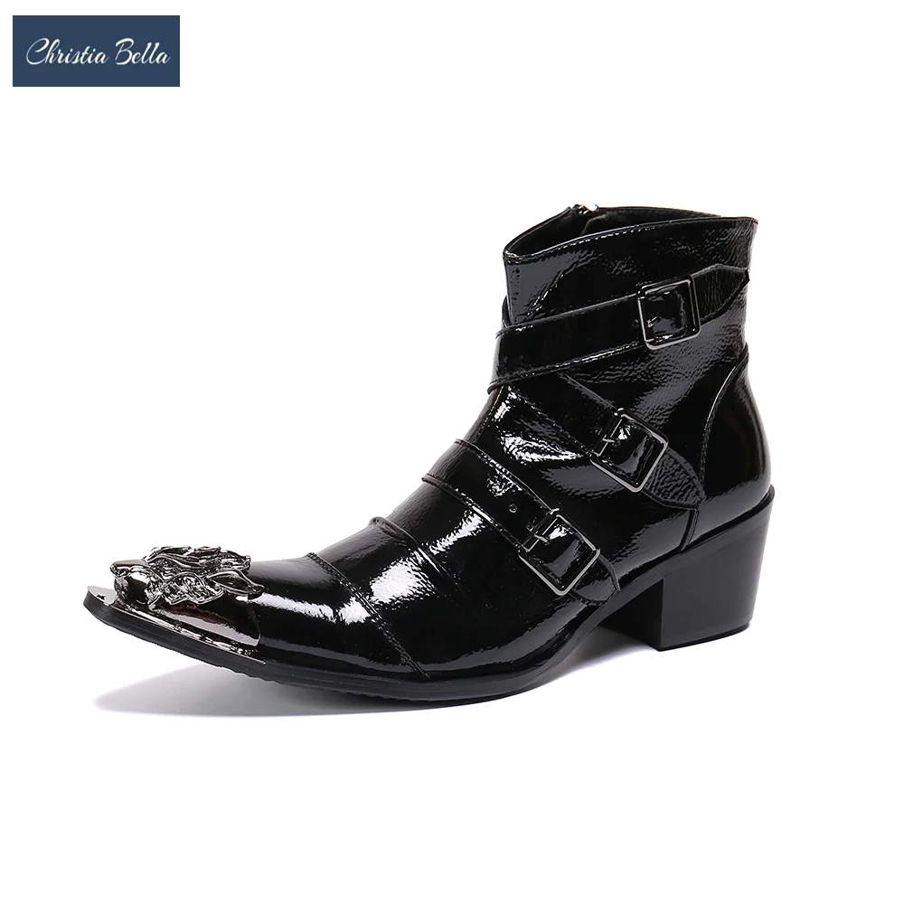 

Christia Bella Winter Men Party Shoes Black Patent Leather Pointed Toe Ankle Boots Buckle Motorcycle Cowboy Short Boots Botas