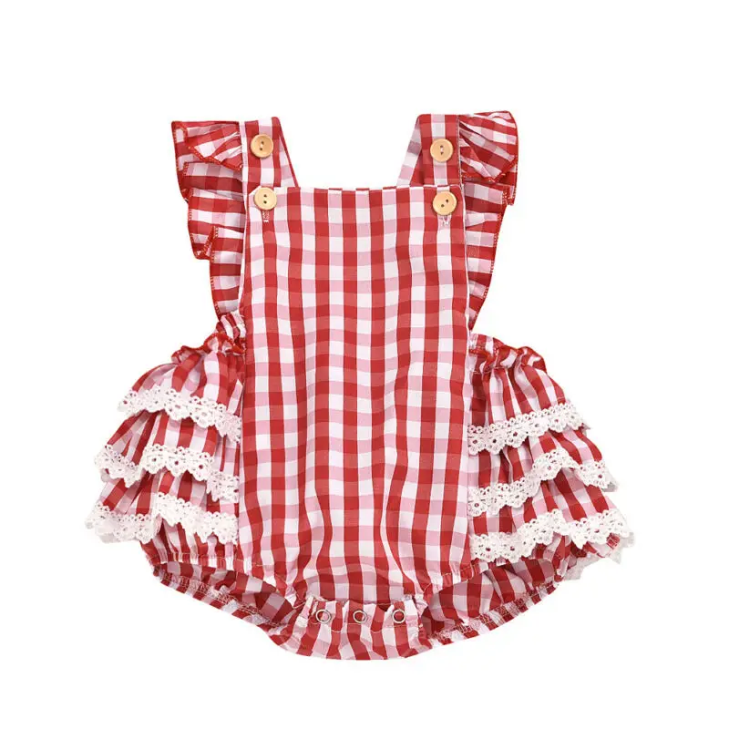 

2020 Summer Newborn Baby Girl Sleeveless Red Plaid Romper Lace Bodysuit Outfits UK 0-24 months