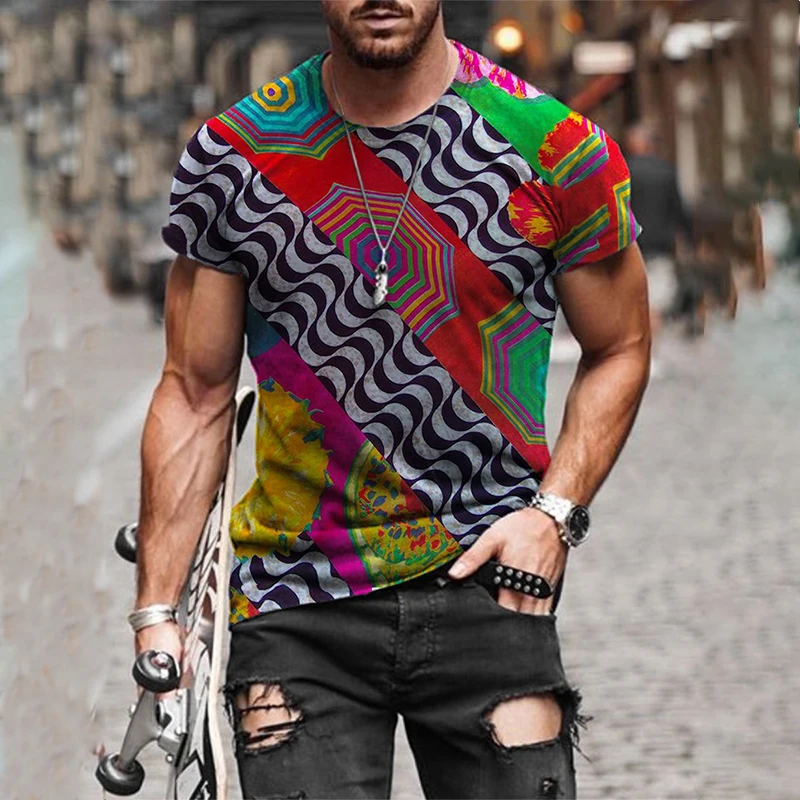 

Men Clothing 2021 Summer Abstract Crew Neck Short Sleeve Graphic T Shirts Fashion Best Seller Casual Digital Printing Loose Tops