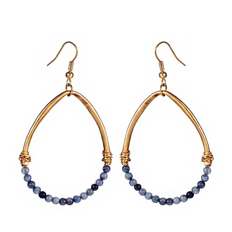 European and American retro style Earrings with natural stone beads sand gold color metal eardrop water drop earrings for girls | Украшения