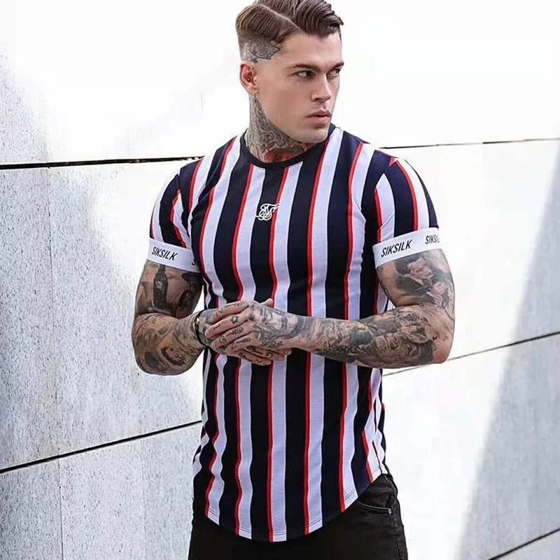 

Sik Silk 2021 Summer Men's New Casual T-Shirt Fashion Striped Tide Brand Hip-Hop Short-Sleeved Street Clothing Sports Slim Tops